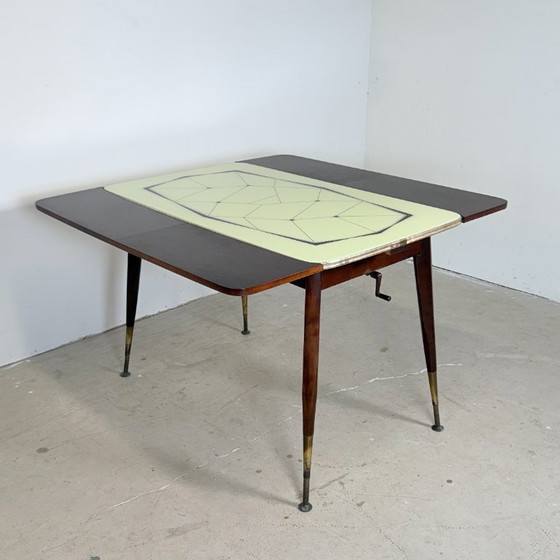 Mid-Century Adjustable Crank Table / Dining table & Coffee Table – 1950s – Wood, Brass (photo 2 of 13)
