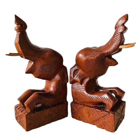 Image 1 of Set vintage di fermalibri in legno intagliati a mano a forma di elefante, anni '70