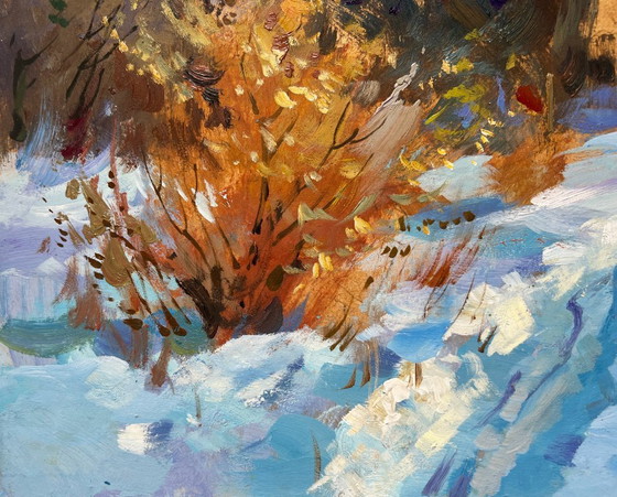 Image 1 of Pintura al óleo original Paisaje de pueblo nevado Montones de nieve invernales cerca de la casa