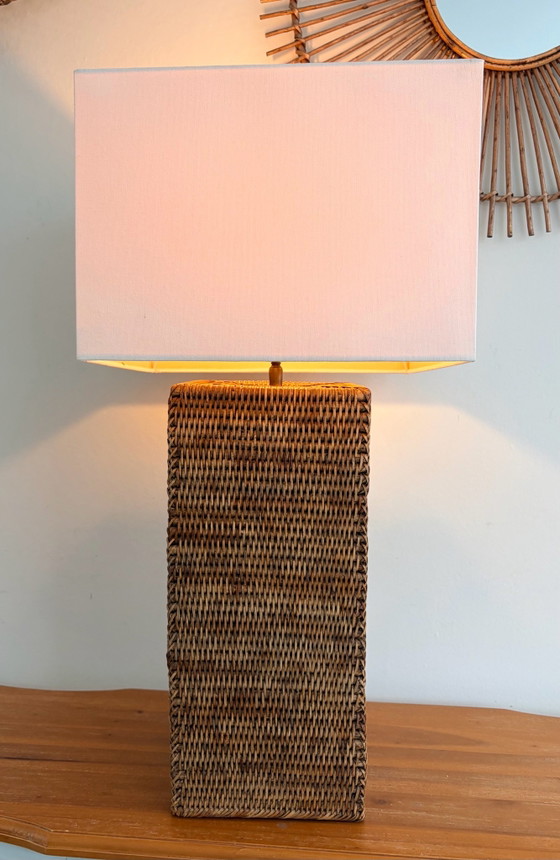 XXL Vintage Birman Osier & Rotin Colonne Lampe, Textile, Beige (photo 2 sur 15)