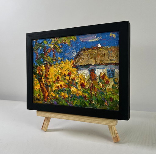 Original Oil Painting Summer Flowers Landscape House and Sunflowers