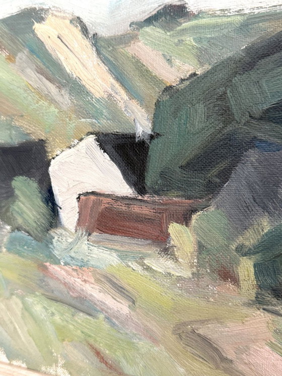 Image 1 of Peinture moderniste abstraite d'un paysage côtier « Côte avec maisons » de Carl Berntsson (1902-1982)