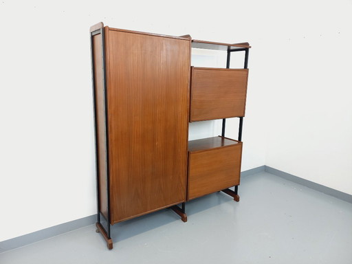 Bibliothèque étagère italienne double modulable vintage en teck et métal des années 60 