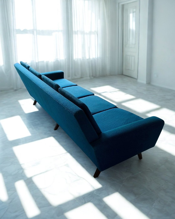 Zeldzame Deense 4-Zits Bank + Fauteuil | Petrol Wol | Jaren '60 – 3-5 zitsbanken, Wool, Wood (photo 6 of 9)