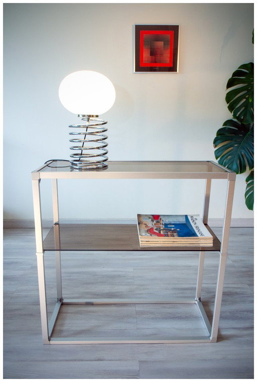Console/plank van aluminium en rookglas, 1970-1980
