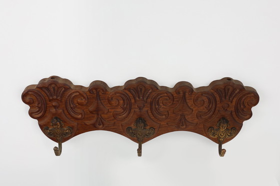Image 1 of Antique Carved oak Wall mount coat rack with 3 brass angel hooks, France 1900s