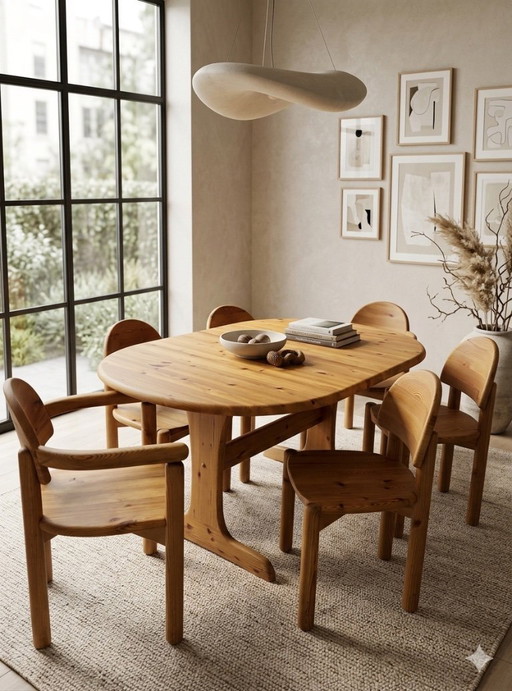 Attributed to Rainer Daumiller – Scandinavian design dining set (1970s) – solid wood dining table & 6 chairs