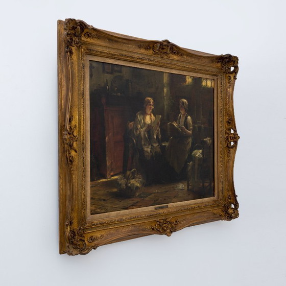 Image 1 of Edward Portielje "La lettre", peinture à l'huile flamande du 19e siècle représentant deux dames