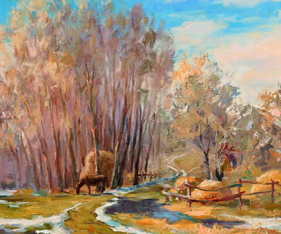 Original Ölgemälde Landschaft Ländlich Dorf Raky. Im Frühling – Gemälde & Zeichnungen, Canvas (photo 7 of 8)