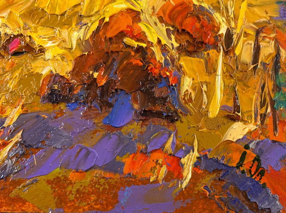 Image 1 of Original Oil Painting Evening House Landscape After the harvest - peace