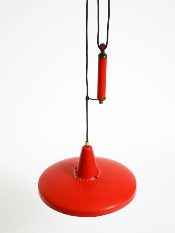 Image 1 of Pendelleuchte aus rotem Aluminium im Mid-Century-Modern-Stil, höhenverstellbar, Italien, 1950