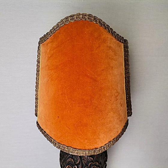 Image 1 of Large Portuguese Carved Wood Half Shade Buffet Table Lamp