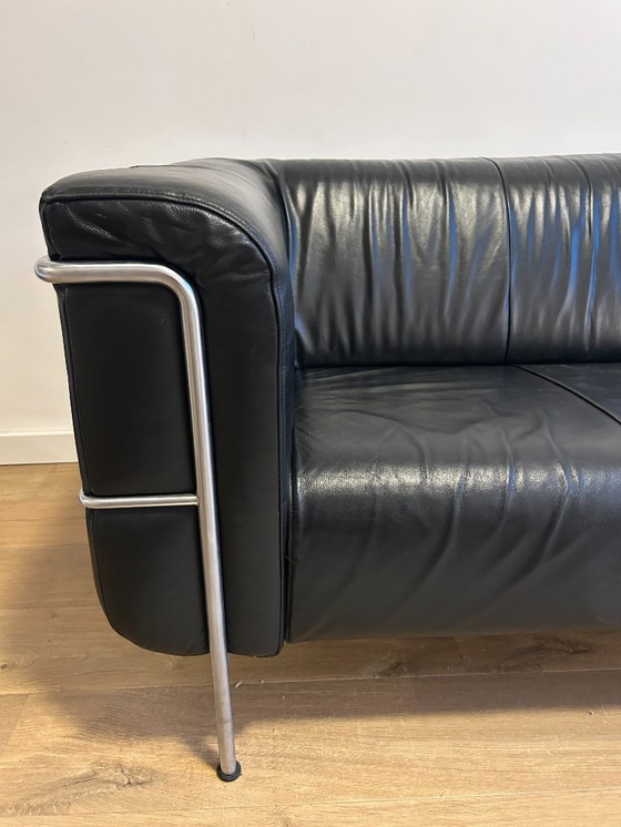 Image 1 of 1x Harvink Negro Sofá de tres plazas - Cuero, acero inoxidable (210x90x 70cm)