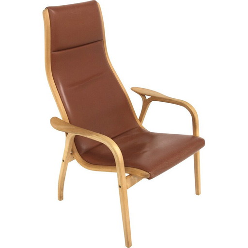Poltrona vintage in faggio e pelle marrone di Lamino e Yngve Ekström per Swedese, Svezia 1970