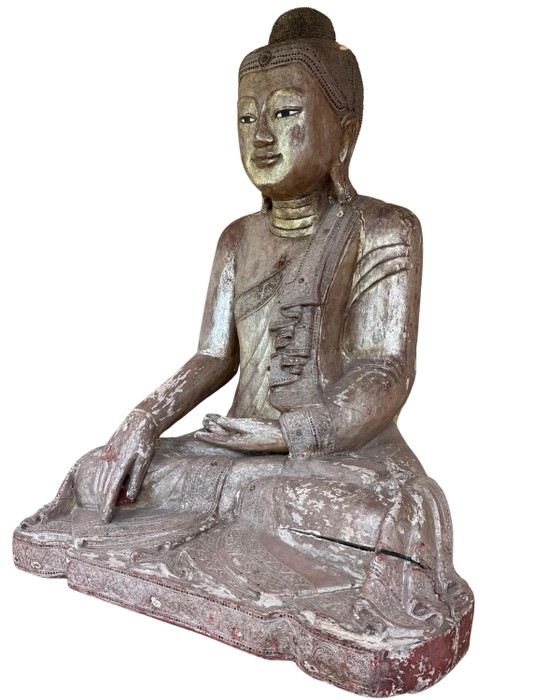 Large Antique Wooden Buddha 120 cm - Mandalay with Inlaid Eyes – Sculpture (photo 4 of 11)