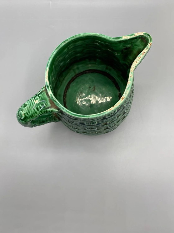 Digoin Sarreguemines Green Slipware Jug with Basketweave Pattern, Model 7308 – Crockery (photo 4 of 7)