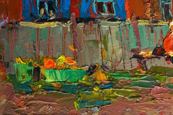 Image 1 of Original Oil Painting Evening Village Landscape Evening silence in the village