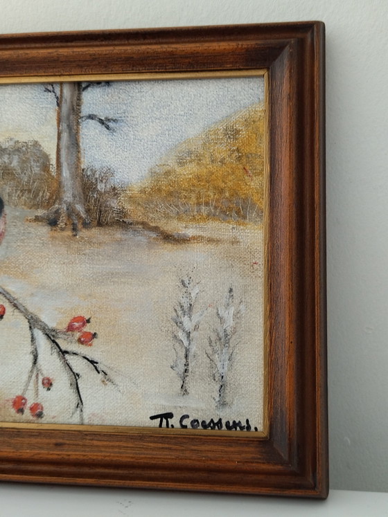 Pequeño Cuadro. Naturaleza Pájaros – Th. Coossens, Arte, Wood, Canvas (photo 2 of 9)