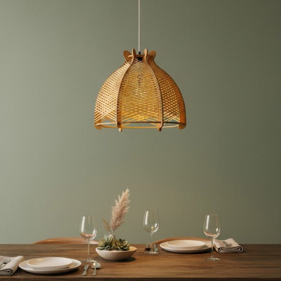 Image 1 of Large rustic style Portuguese wood and rattan hanging lamp, 1960s