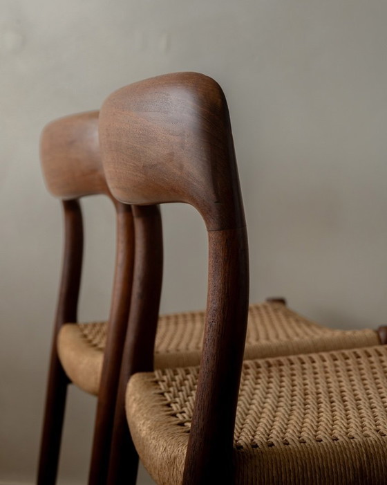 Image 1 of Vintage Danish Dining Chairs Model 75 by Niels Otto Møller for J.L. Møllers Møbelfabrik, Teak Paper Cord Chairs, 1950s, Set of 4
