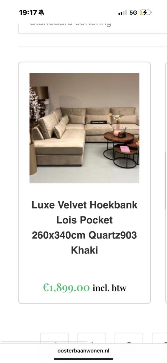 Image 1 of Canapé d'angle luxueux en velours 260 x 340 cm – Kaki – Comme neuf