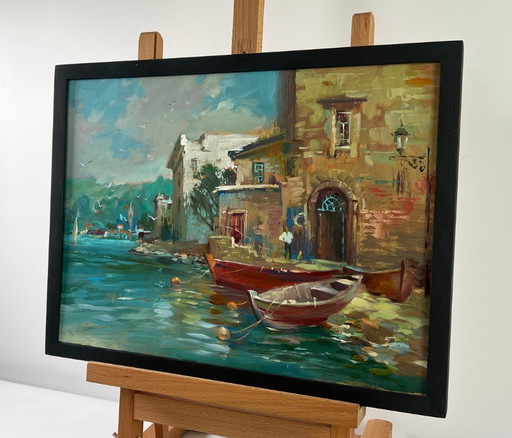 Pintura al óleo original Paisaje urbano con muelle y río en colores del atardecer.