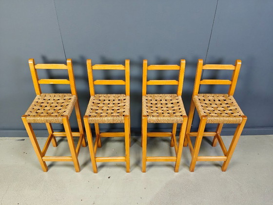 Image 1 of Sgabelli da bar vintage in rovere e corda di carta, anni '60