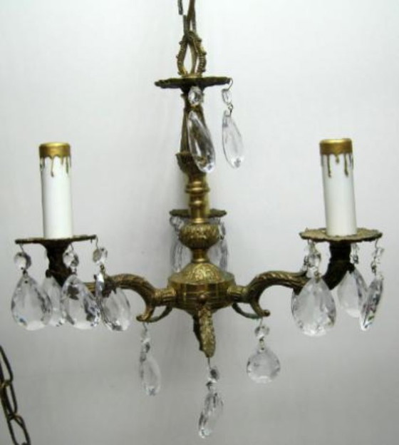 Image 1 of Lampadario antico piccolo in ottone e cristallo Hollywood Regency a 3 luci