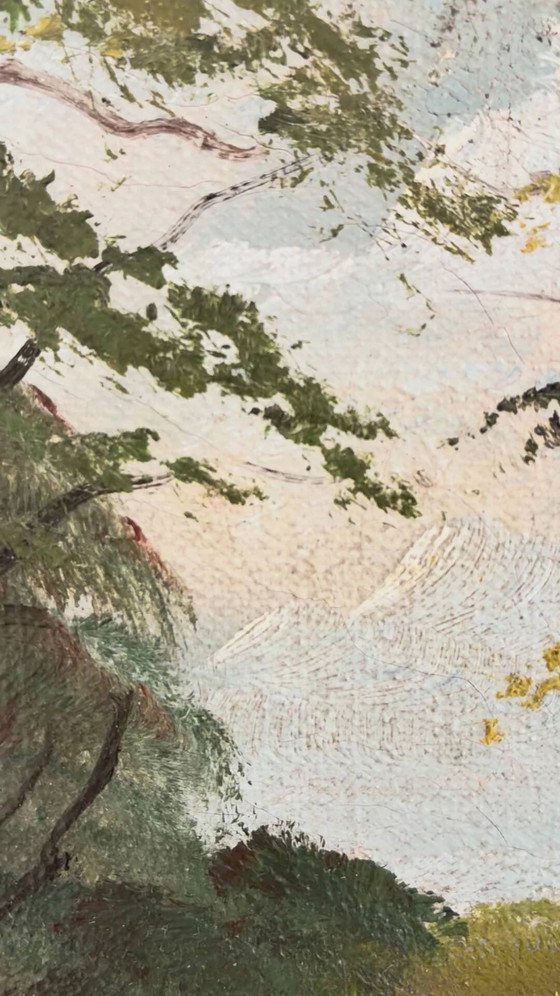 Image 1 of Peinture à l'huile originale vintage représentant un paysage de rivière, signée River Art