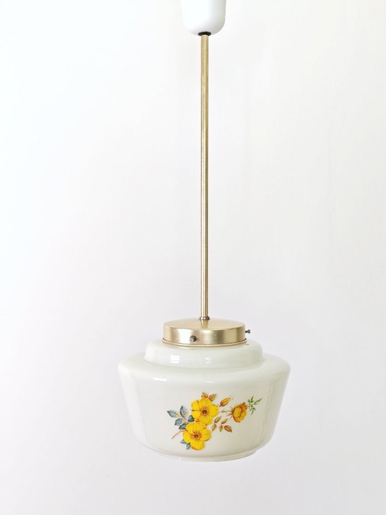 Image 1 of Vintage Floral Glass Pendant Light / Mid Century Hanging Lamp / Retro Ceiling Light / Vintage Kitchen Lighting / 1970s