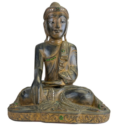 Antieke houten Mandalay Boeddha met glas inleg, Myanmar, ca. 1880