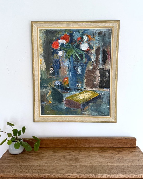 Image 1 of Nature morte expressionniste « Fête florale » huile sur toile (1955) de Leif Nilsson