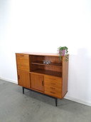 Mobiletto da parete in teak con cassetti, bar e gambe nere