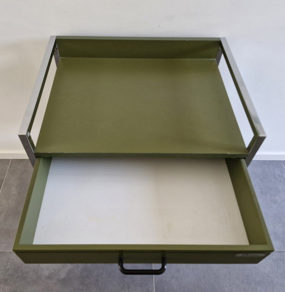 Chariot Vintage (Hôpital), Vert Olive, 2 Tiroirs – Ultrason, Dessertes, Chrome, Metal (photo 4 of 13)