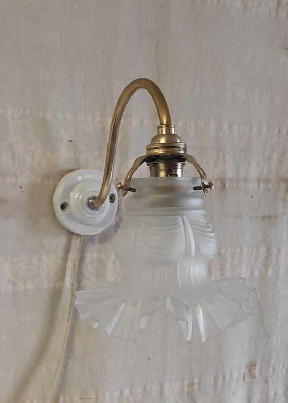 Image 1 of Art Deco style wall sconce in brass and glass paste - mid-20th century