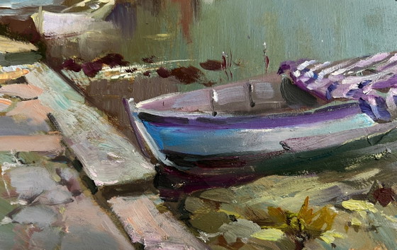 Image 1 of Origineel olieverfschilderij: Somber kustlandschap, stadsboot, veerboot
