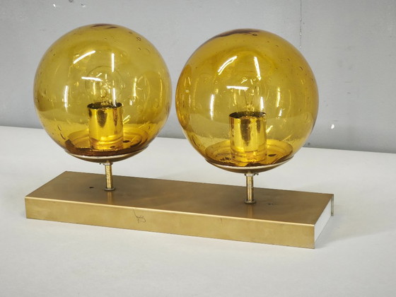 1970s Space Age Amber Glass Double Wall Lamp, Kamenický Šenov – Wall lights, Brass (photo 4 of 14)