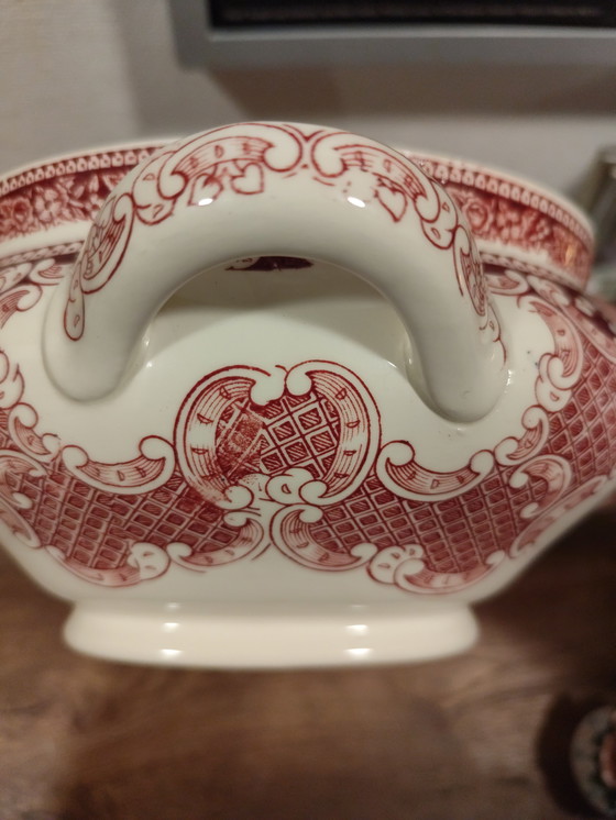Image 1 of Antieke soepterrine, Old England, Cambridge Royal Swan / Engeland – Rood en wit – Vintage servies