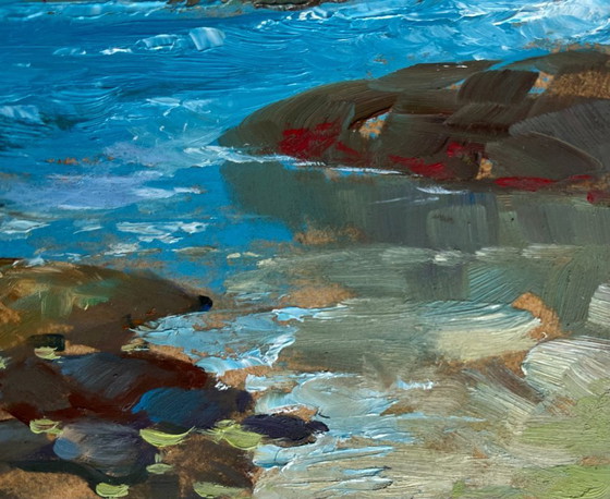 Image 1 of Peinture à l'huile originale représentant un paysage côtier marin à l'horizon.