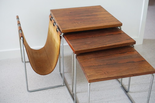 Brabantie Mimiset - table d'appoint vintage avec porte-revues en cuir