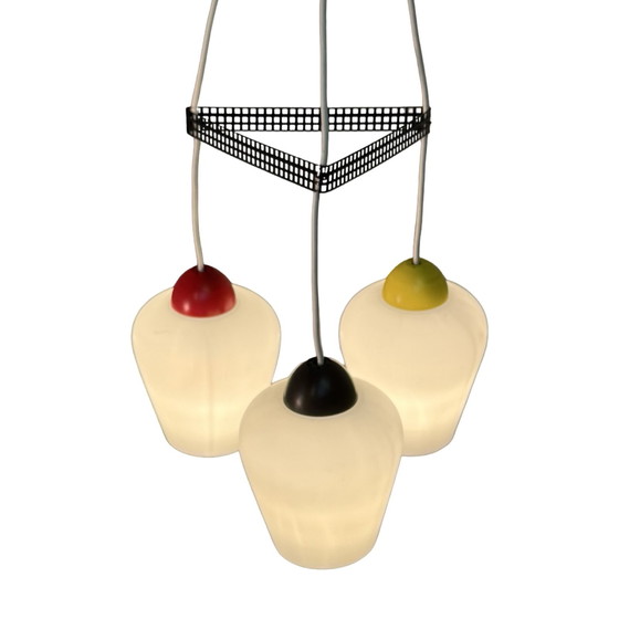 Image 1 of Vintage 50’s MCM Hanging pendant - Frosted / semi translucent white glass and multi color top - Attr. Louis Kalff / Phillips - s