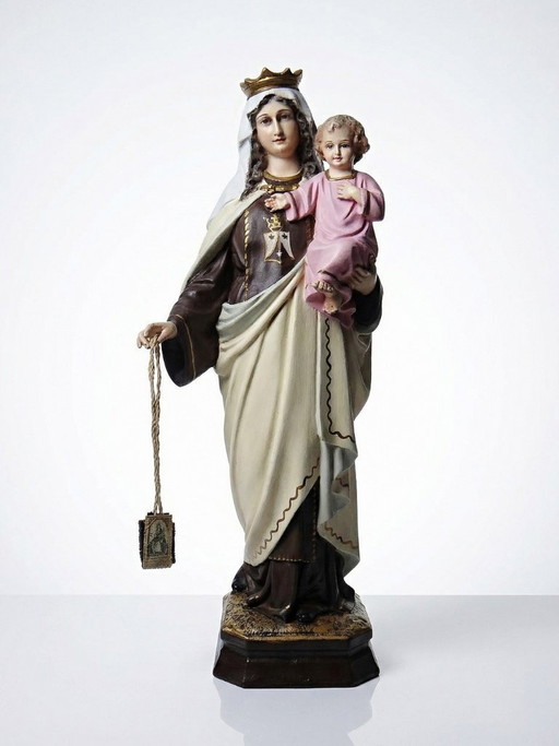 Statuetta in stucco della Madonna del Monte Carmelo, bottega di Olot, occhi di vetro, 1920-1930
