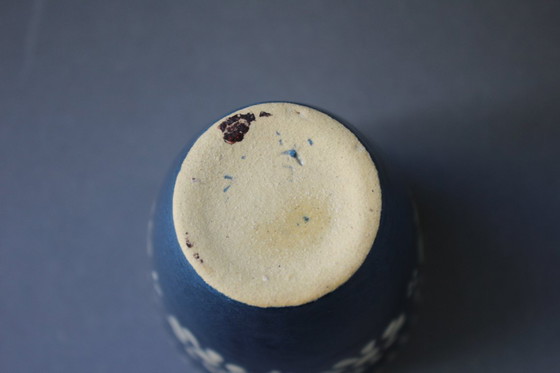 Image 1 of Vintage stoneware drinking cups, blue with white flowers, 6 pieces