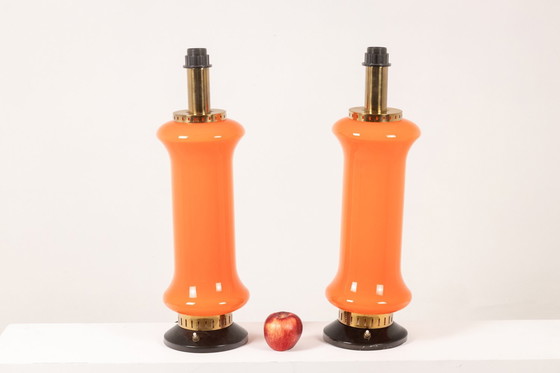 Image 1 of Paar oranje glazen lampen, 1970