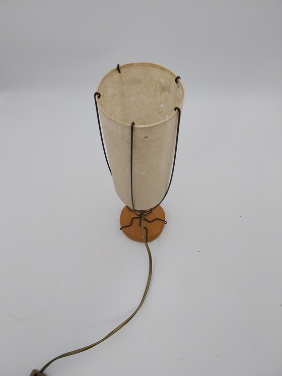 Image 1 of 1 x mid-century table lamp in copper, wood and plastic, labelled Reinier