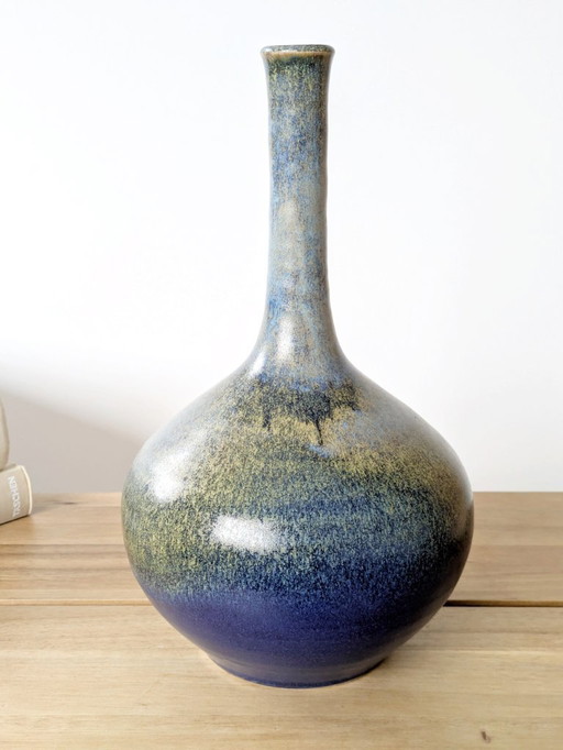 Vintage Seafoam Glaze Ceramic Vase, Balloon Form, Hare’s Fur Style, Midcentury Scandinavian Style