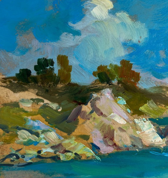 Image 1 of Original Oil Painting Coastal Rock Landscape Boat on the seashore