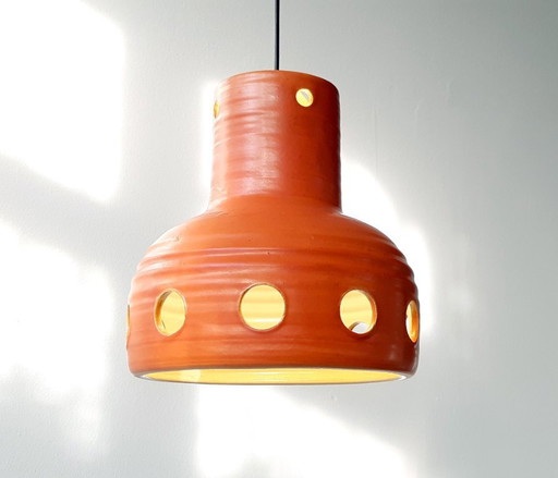 Oranje keramieken Mobach hanglamp, west germany fat lava stijl, vintage aardewerken oranje lamp