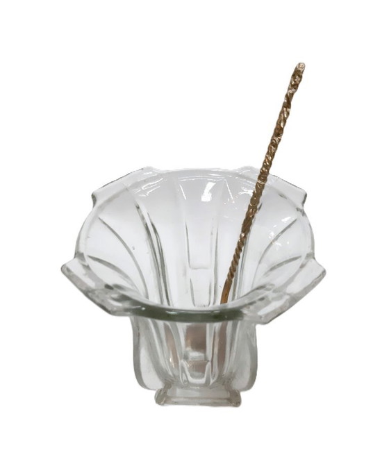 Image 1 of Secchiello per il ghiaccio vintage con cucchiaio; ciotola per il ghiaccio in vetro trasparente pesante