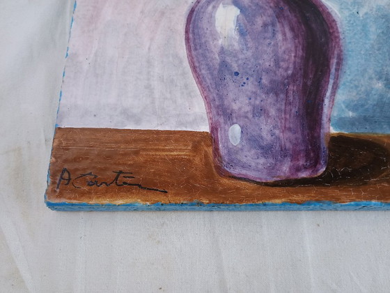 Image 1 of Signed Italian Faience Wall Tile by Aconte, Hand Painted Floral Still Life, Made in Italy Vintage Ceramic Art